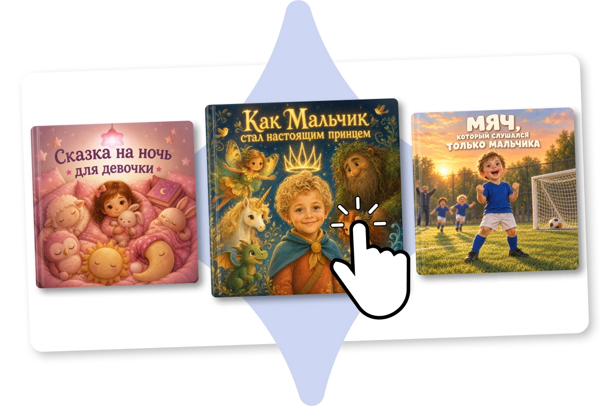 Три обложки книг Сказкина в каталоге, курсор выбирает среднюю