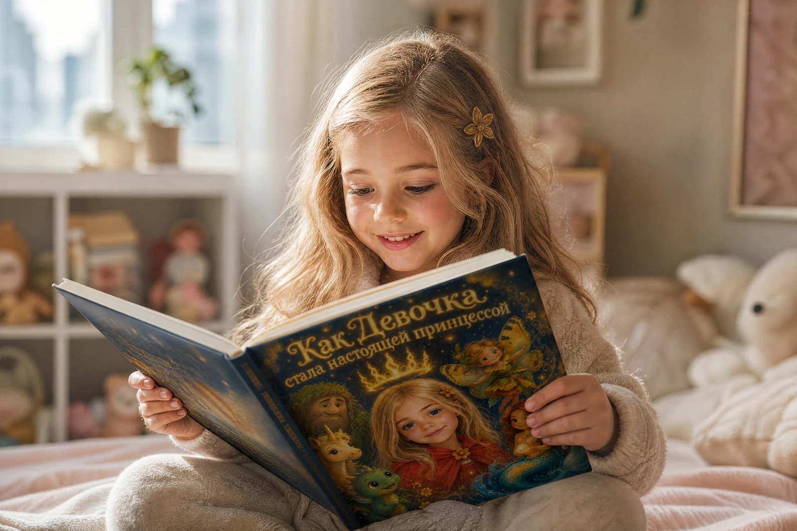 Девочка с интересом читает персональную книгу